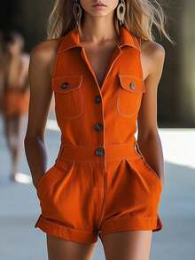 Mono (enterizo) corto nuevo de verano para mujer, de moda, estilo vaquero/cowboy, sin mangas, cuello V, botonadura delantera, diseño favorecedor, perfecto para looks casuales y de día - Rojo anaranjado - Ver 3