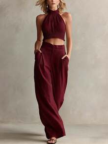 Conjunto de 2 piezas nuevo de moda para mujer, estilo casual, top halter de cuello redondo y espalda descubierta, pantalón largo, perfecto para vacaciones, playa y looks de verano - Burdeos - Ver 5