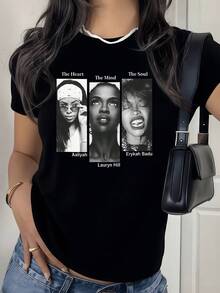 Retrato artístico dividido en tres partes que simbolizan la conexión entre el corazón la mente y el alma mostrando fuerza serenidad y expresión espiritual camiseta de mujer casual moderna - Negro - Ver 1