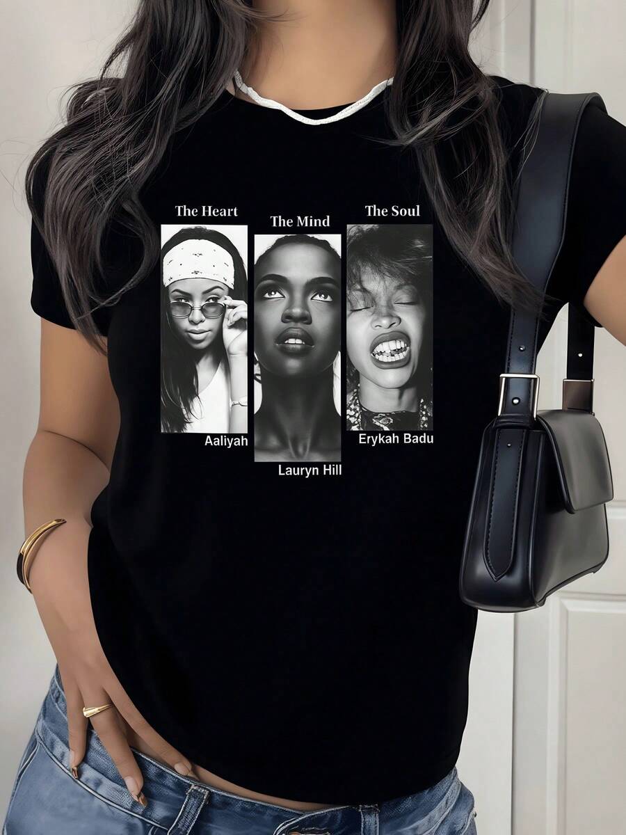 Retrato artístico dividido en tres partes que simbolizan la conexión entre el corazón la mente y el alma mostrando fuerza serenidad y expresión espiritual camiseta de mujer casual moderna - Negro - Ver 1