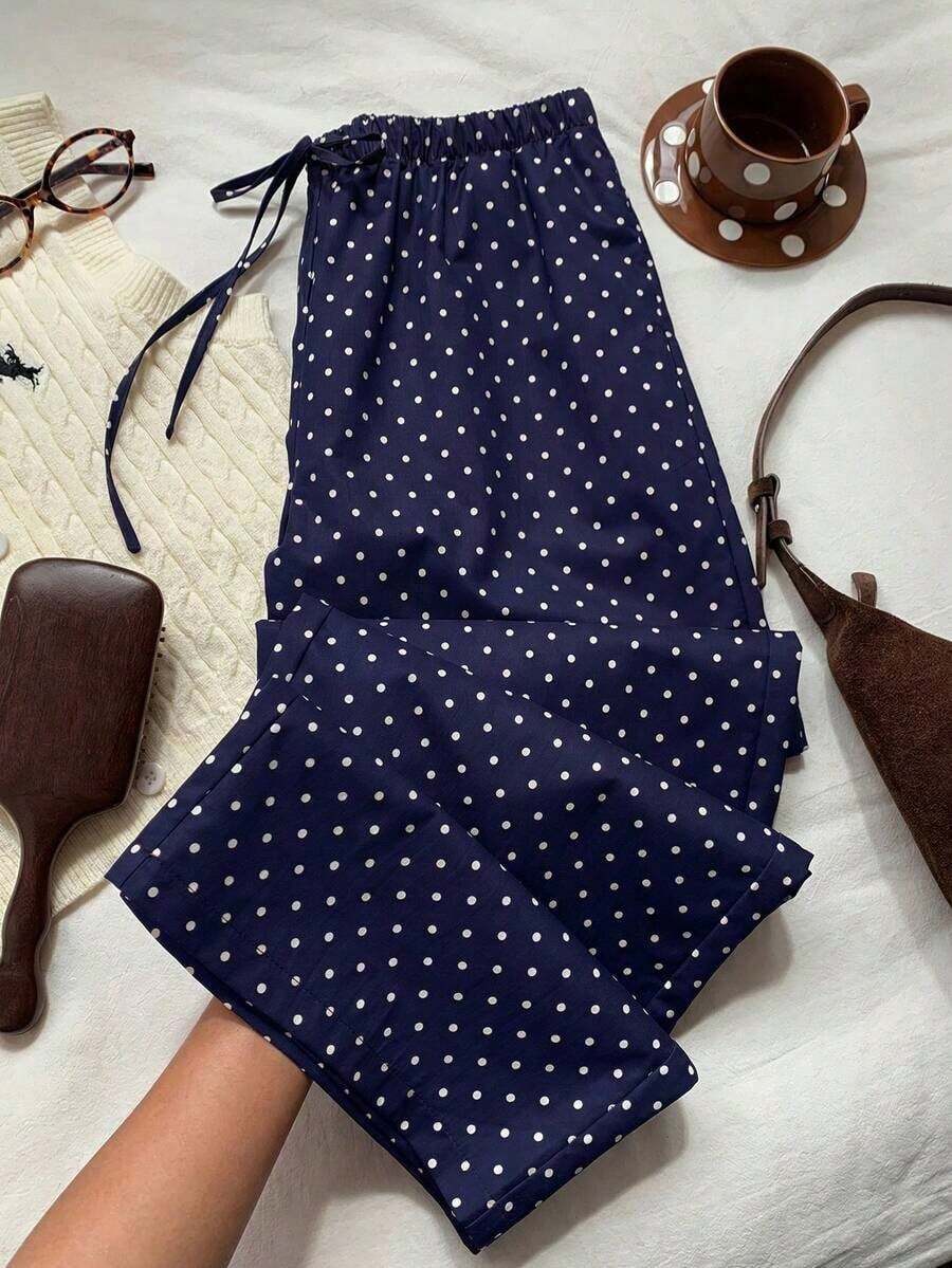 Pantalones casuales de mujer de lunares amarillos tejidos - Azul marino - Ver 1