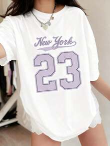 Suave Break The System Plus Size - A Women's Short-Sleeved New York-Style T-Shirt Made Of Sheer, Breathable Fabric With A Relaxed Fit And The Printed Text "New York 23". This Casual Top Is Perfect For Everyday Wear, Showcasing A Letter Pattern. Round Neck, Loose Fit T-Shirt, Women's Blouse, Women's Activewear - 白色 - 查看 6