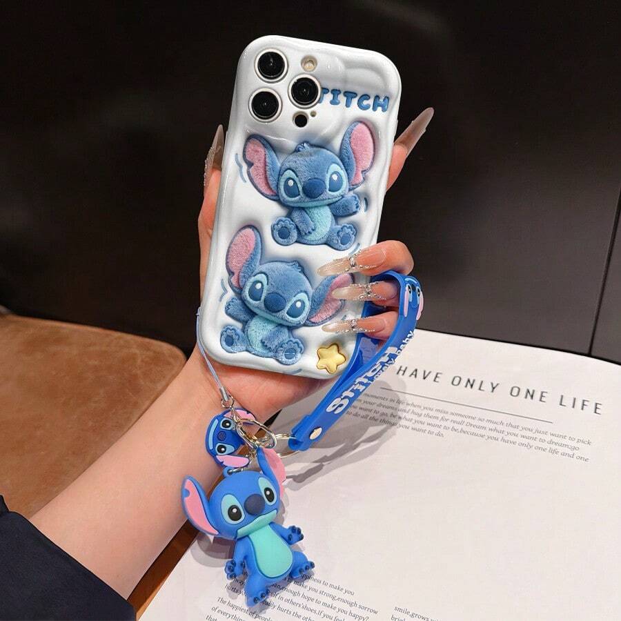 Disney Lilo And Stitch Phone Case : 3D Fluffy Pattern Border Protector Phone Soft Phone Case With A Free Cute Stitch Bracelet Chain Lanyard, Stitch, Lilo, Angel, For Apple 17 Promax 17 Pro 16 15 14 13 12 11 Pro Max XS Max X XR Soft Cover Summer Phone Case - 白色 - 查看 1