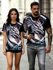 Men's Minimalist 3D Dragon Graphic Print Round Neck Short Sleeve Digital T-Shirt, Summer - Black - View 1