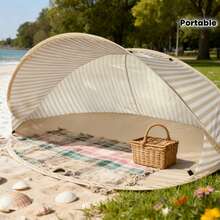 [Portable Pop-Up Tent] 2-Person Beach Tent With 2-Second Quick Setup! No-Assembly Beach Tent, Portable Instant Pop-Up Sun Shelter, Easy-To-Use Outdoor Canopy. Suitable For Beaches, Picnics, Parks, Camping, And Family Leisure - White Stripes - View 7