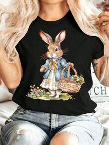 Printed T-Shirts For Women, Oversized Urban Style Tops, Comfortable And Stylish Summer T-Shirts That Go With Everything [Easter Gift] Women's Summer Clothes, Short-Sleeved Crew Neck T-Shirt With Rabbit Print, Comfortable, Soft, Stylish, For Parties, Retro Style, Casual, Versatile, For Spring, Summer, Autumn, Winter, Sporty Style, Available In Sizes S-XXL. Women's T-Shirts, Women's Sports T-Shirts, Women's Athletic Tops, Women's Blouse, Men's Shirts, Unisex Sweatshirts For Couples. - 黑色 - 查看 1