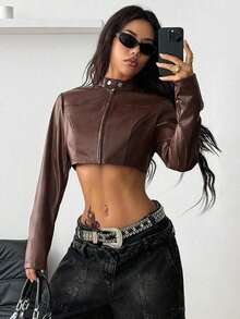 Abrigo de manga larga ajustado y corto con cremallera, de cuero negro, cómodo, estilo streetwear, rave, hippie, athleisure y Y2K para mujer, otoño - Marrón - Ver 4