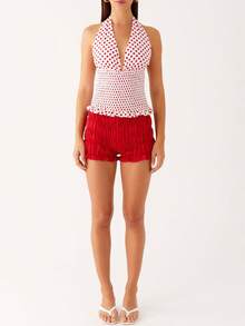 Women's Sexy Polka Dot Halter Top Backless Tie Back Vest Ruched Ruffle Hem Going Out Tops - 紅色 - 查看 6