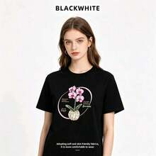 Women's Clothing Summer Sets For Women, Short Sleeve T-Shirt With Hand-Painted Phalaenopsis Print, Unisex, Loose Fit, 100% Cotton Women's Shirts - 黑色 - 查看 5