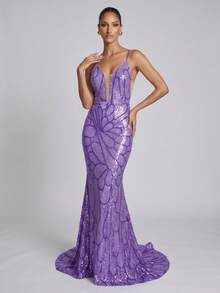 Glamorous Lavender Sequin Deep V-Neck Backless Mermaid Long Train Party Evening Gown (Front Top Half, Back Random Floral Pattern, Not Matched) Wedding - Mauve Purple - View 3