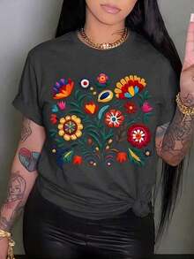 Free Shipping, Local Delivery In Mexico, Delivery In 4 Days. New Women's Fall/Winter Shirt, Short-Sleeved With A Round Neck, A Wardrobe Staple. With A Relaxed Fit And Modern Print, Made From High-Quality Cotton, It Offers Comfort And A Pleasant Feel For Everyday Wear. - 深灰色 - 查看 4