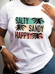 Women's Casual Short Sleeve T-Shirt - Geometric Print Coconut Tree Salty Sandy Happy Beach, With Teal And Pink Stripes, Lightweight Breathable Crew Neck Top For Spring Summer Weekend Outfits, Beachwear, Fun Design, Comfortable Fit, Soft Material, Printed T-Shirt, Vacation Clothes - 白色的 - 查看 1