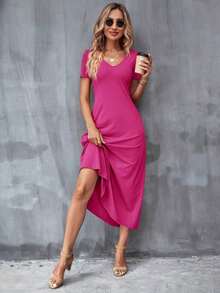 Vestido unicolor con bolsillo oculto escote V - Rosa Fucsia - Ver 4