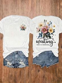 Camiseta con Estampado Gráfico Moderno, Manga Corta, Cuello Redondo, Top Casual para Verano y Primavera, Ropa Casual para Mujer - Blanco - Ver 3