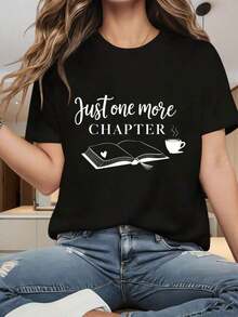 Camiseta de manga corta con cuello redondo para mujer, camiseta para amantes de los libros con el estampado "Solo un capítulo más" para mujer, camiseta casual con estampado de taza de café y lectura. El divertido estampado es adecuado para fiestas de Navidad, actividades deportivas, salidas de vacaciones, deportes y otros regalos navideños. Camiseta para el verano. - Negro - Ver 7