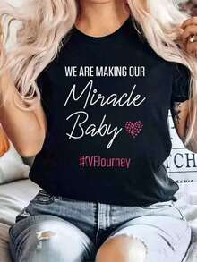 Women's Casual Cotton Short Sleeve Round Neck T-Shirt, Regular Fit, Black With 'Miracle Baby' Print, IVF Travel Clothes, Nice Gift Idea For Mother's Day. - 黑色 - 查看 1