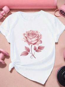 Women's Plus Size Short Sleeve Sports T-Shirt, Exquisite Design With Single Rose - 白色的 - 查看 1
