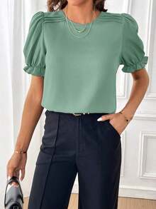 Blusa con mangas abullonadas, blusas de manga corta - verde menta - Ver 6