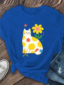 Casual Short-Sleeved T-Shirt With Fun And Cute Animal Print, Round Neck, Fashionable Women's Clothing For All Seasons, Elegant, Stylish And Intellectual Design For Summer. - 藍色 - 查看 6