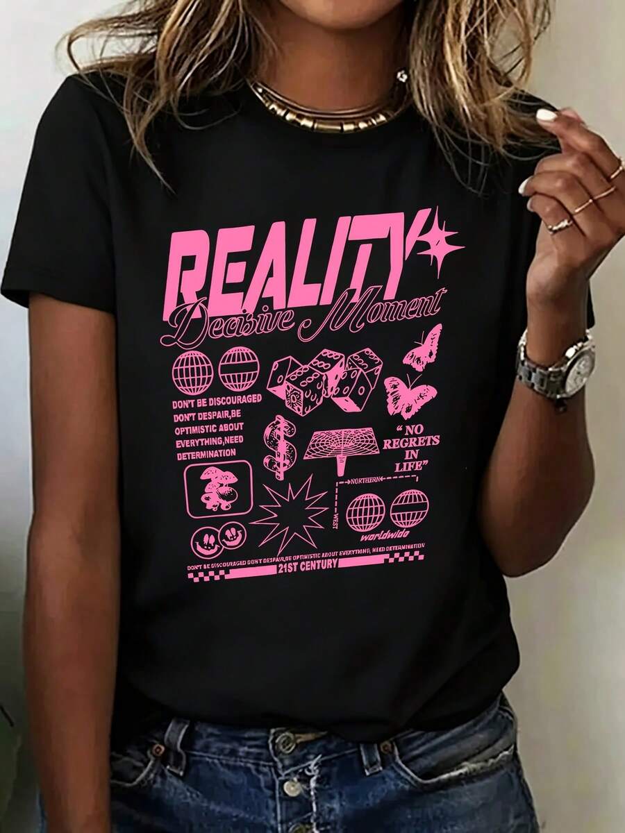 Camiseta de moda suave para mujer, nueva y moderna, con estampado de letras personalizado, camiseta asequible, camiseta de mujer, camiseta de algodón puro para mujer, no se deforma fácilmente, camiseta de algodón puro para mujer, absorbente de sudor y transpirable, blusas elegantes para mujer. - Negro - Ver 1