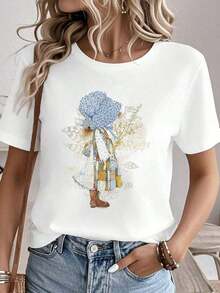 Suave Camiseta Vintage con Estampado Gráfico de Chica del Condado de Holly Hobbie Sosteniendo Flores, Camisetas de Verano para Mujer, Cuello Redondo, 100% Algodón, Ropa de Mujer, Conjuntos de Ropa de Otoño para Mujer, Camisetas Blancas para Mujer, blusas casuales, playeras de mujer algodón - Blanco - Ver 1