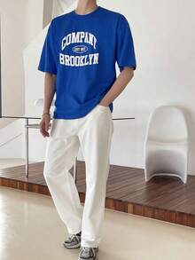 Camiseta de Verano para Hombre  con Estampado de Letras y Hombros Caídos - Azul - Ver 6