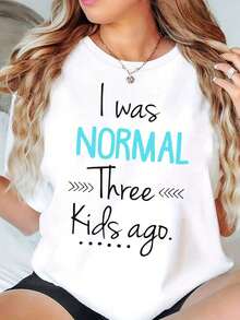 New Women's Summer Casual T-Shirt With Round Neck, Graphic Print 'I Was Normal Three Kids Ago', Casual Maternity Top, 220g - Urban Vintage Style, Unisex, Cotton, Short Sleeve, Round Neck - 白色 - 查看 1