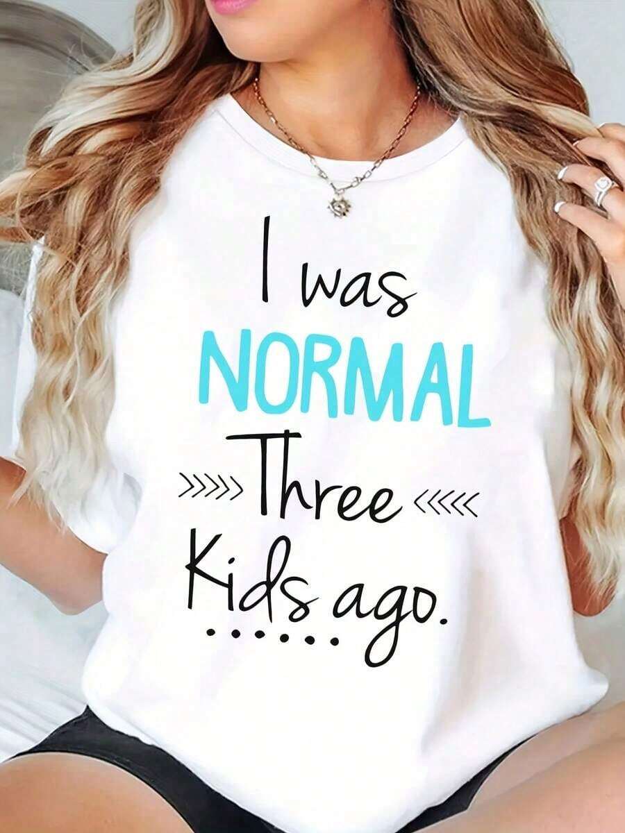 New Women's Summer Casual T-Shirt With Round Neck, Graphic Print 'I Was Normal Three Kids Ago', Casual Maternity Top, 220g - Urban Vintage Style, Unisex, Cotton, Short Sleeve, Round Neck - 白色 - 查看 1