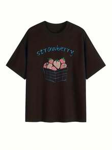 Women's Short Sleeve T-Shirt With Blue Strawberry Print And Blue Lettering, New Summer Fashion, Versatile Y2K Top With Round Neck And Loose Fit. - Black - View 2