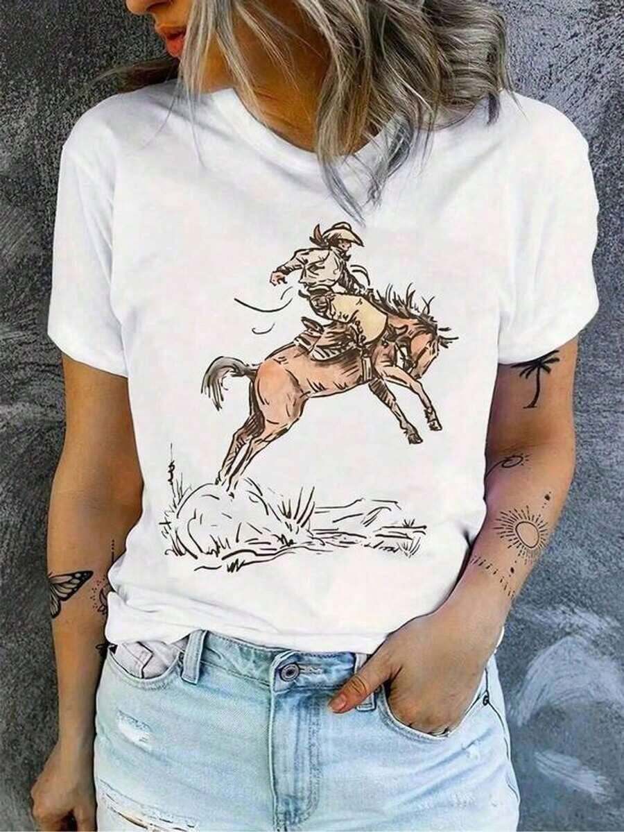 Casual Graphic T-Shirt - Light Beige Cotton Short-Sleeved Shirt With Denim Print, A Relaxed And Casual Fit With A Stylish Lettering Design. Comfortable, Breathable, Versatile, And Fashionable. Limited Time Offer! Women's T-Shirt Blouses > Shirt - 白色 - 查看 1