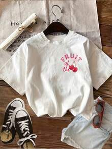 Graphic Print T-Shirt, Short Sleeves And Round Neck, Casual Top For Summer And Spring, Women's Clothing - 白色 - 查看 3