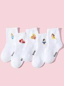 Disney 1/5双装女童白色蕾丝边短袜，可爱柔软甜美卡通公主图案，休闲透气吸湿中筒袜，适合生日派对、节日礼物、学校活动、舞台表演、日常穿着 - 彩色 - 查看 7