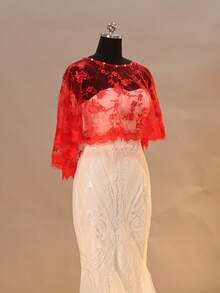 1 chiếc áo choàng nữ màu đỏ nhẹ, viền ren hoa, thích hợp làm trang phục Halloween. - Đỏ - Xem 4