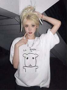 Soft 100% Cotton T-Shirt. Stylish And Fashionable Women's T-Shirt For Summer, With A Round Neck And Short Sleeves, Featuring A Cartoon Puppy Print. Versatile, Comfortable, Loose-Fitting, And Breathable. A Cotton T-Shirt That Goes With Everything. - 白色 - 查看 1