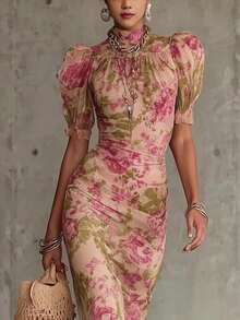 Vestido De Mujer 2026 Mangas De Puff Francés Nuevo Estilo Estampestampvestido Largo Vestido Plipliado De Moda - Rosa coral - Ver 2