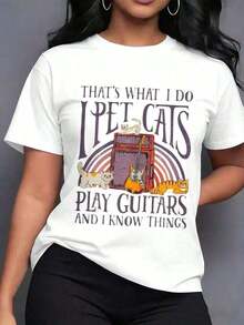 1 Piece Women's Pure Cotton Short Sleeve Crew Neck T-Shirt With Print "That's What I Do: Pet Cats Play Guitar And I Know Things", Vintage Retro Casual Style, 180g 100% Cotton. - 白色 - 查看 8