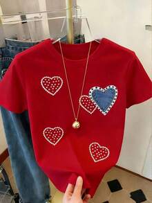 Loose Fit T-Shirt [With Simulated 2D Print], Casual Short Sleeve T-Shirt, Regular Fit, Machine Washable, Essential For Spring And Summer, Soft And Comfortable, Women's T-Shirt With Simulated Cartoon Pearl Heart Print. - 紅色 - 查看 7