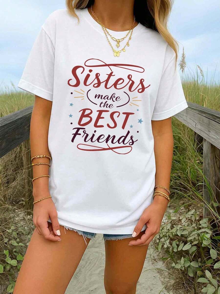 Cotton. The Best Friendship T-Shirt For Ladies And Sisters. | Short-Sleeved Crew Neck T-Shirt, Breathable, 180 G/M², With Best Friend Print And Heart Design - Casual Summer Beachwear, Best Friend Gift, Suitable For All Seasons, White T-Shirt. NJEH - 白色 - 查看 1