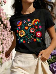 Short Sleeves. Mexican T-Shirt With Colorful And Festive Floral Print, Casual Short Sleeve Top With Round Neck For Women. Leisure - 黑色 - 查看 1
