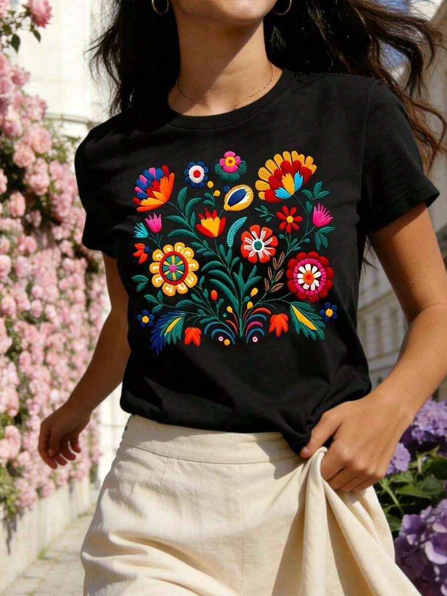 Short Sleeves. Mexican T-Shirt With Colorful And Festive Floral Print, Casual Short Sleeve Top With Round Neck For Women. Leisure - 黑色 - 查看 1