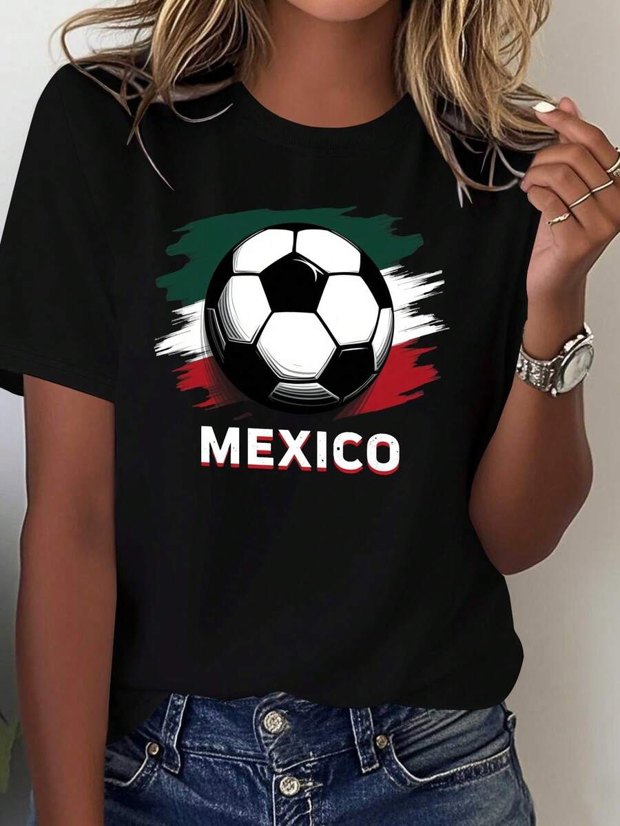 Camiseta de Mujer con Estampado de la Bandera de Fútbol Mexicano, Camiseta de Algodón Puro Cómoda para Mujer, Tops para Mujer - Negro - Ver 1