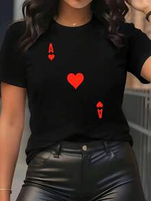 Women's T-Shirt, Casual Sports T-Shirt For Ladies, Round Neck T-Shirt, T-Shirt With Red Heart Design And A Simple Poker Card, Basic European And American Style For Women's Daily Wear, Comfortable Tops For All Seasons. - 黑色 - 查看 12