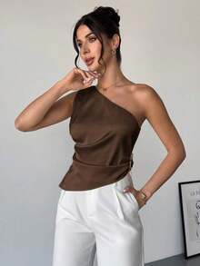 Blusa plisada elegante, romántica y de estilo sexy sin mangas, adecuada para fiestas, vacaciones y uso diario - Café integral - Ver 6
