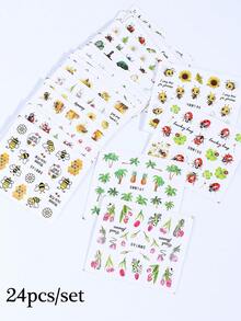 24入卡通蜜蜂美甲貼紙 可愛蜂蜜、瓢蟲、火烈鳥、蜻蜓、昆蟲、棕櫚樹、鬱金香、薰衣草、向日葵、雛菊、綠葉，春夏動物花卉植物 DIY Y2K 萌系水轉印貼片美甲裝飾美甲用品 - 彩色 - 查看 9