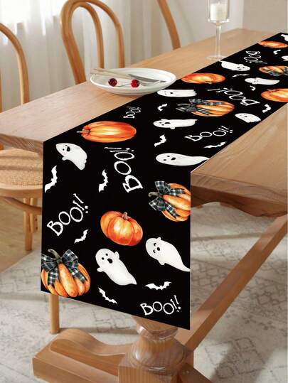 1 Khăn trải bàn Halloween hình ma và bí ngô "BOO", kích thước 180*35cm, chất liệu polyester, dùng để trang trí Halloween, trang trí bàn tiệc Halloween, trang trí nhà cửa, trang trí "Trick or Treat" cho Halloween, trang trí Halloween vui vẻ, trang trí trung tâm bàn, trang trí Halloween ma quái.