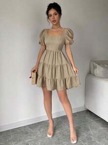 Vestido de verano, primavera y playa, elegante y romántico, para conciertos, estilo bohemio con mangas abultadas, espalda descubierta, lazo, para vacaciones, tiempo libre y viajes, con volantes en el bajo, color caqui, nuevo modelo 2025 - Caqui - Ver 4