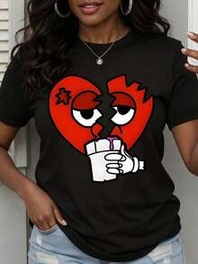 Women's Valentine's Day Crew Neck T-Shirt With Broken Heart Couple Print Drinking A Smoothie, Casual Summer Style - Urban Vintage Style, Unisex, Loose Cotton, Short Sleeve, Crew Neck. - 黑色 - 查看 1