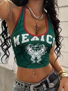 Top corto de punto estilo México para la Copa Mundial 2026, con gráfico de letras de fútbol, atuendo casual de playa y verano en color blanco - Multicolor 2 - Ver 6