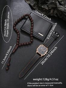 Bộ quà tặng 3 món dành cho nam giới, gồm ví, đồng hồ và tràng hạt, kiểu dáng thường ngày, món quà hoàn hảo cho Ngày của Cha, sinh nhật, kỷ niệm. - màu đen - Xem 3