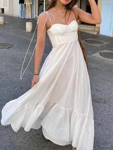 Elegant High Waist Plain Strap Dress Spring 2026 - White - View 3